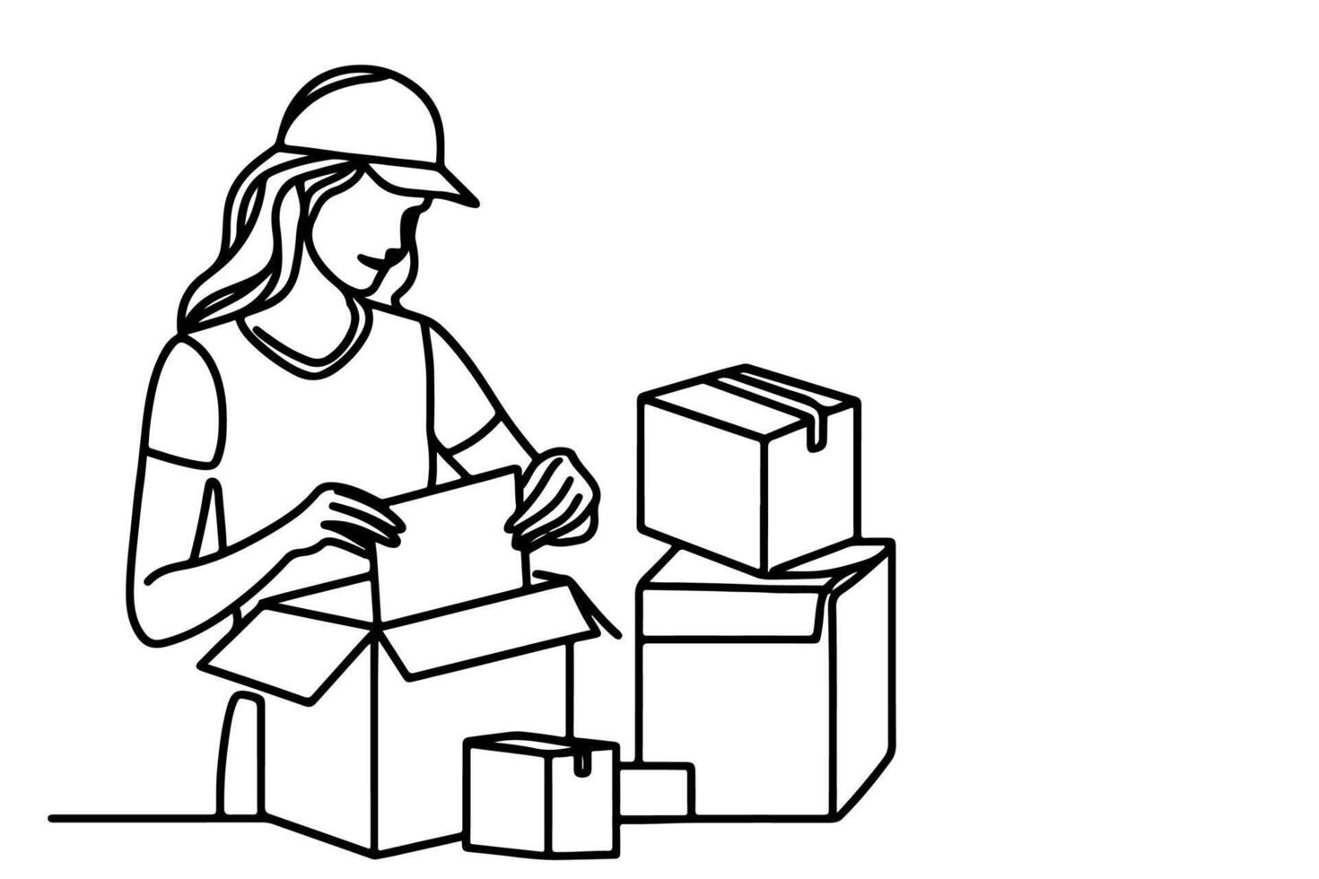 continuous one single black line drawing a woman holding box or present and opening a box with thumbs up vector