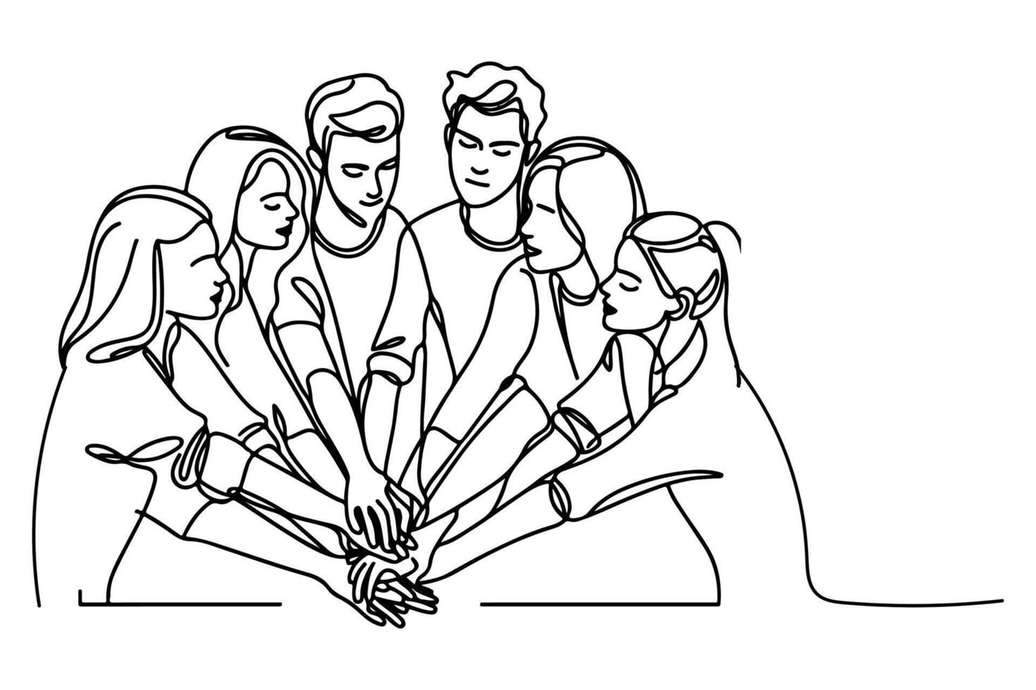 continuous one single black line drawing teamwork group of friends put their hands together illustration isolated on white background vector