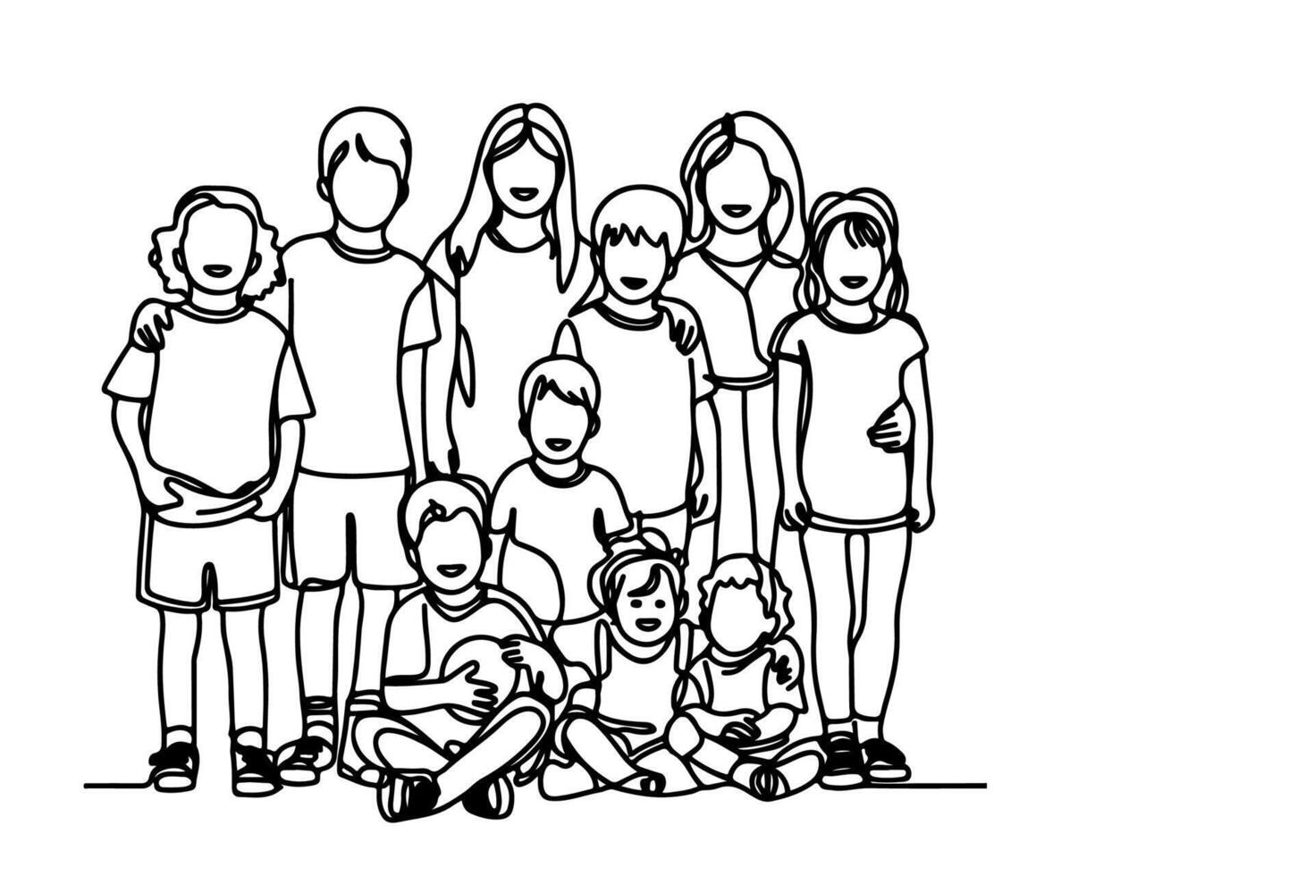 One continuous line drawing of a group of children holding each other's hands. Doodle linear drawing. Happy children's day concept on white. vector