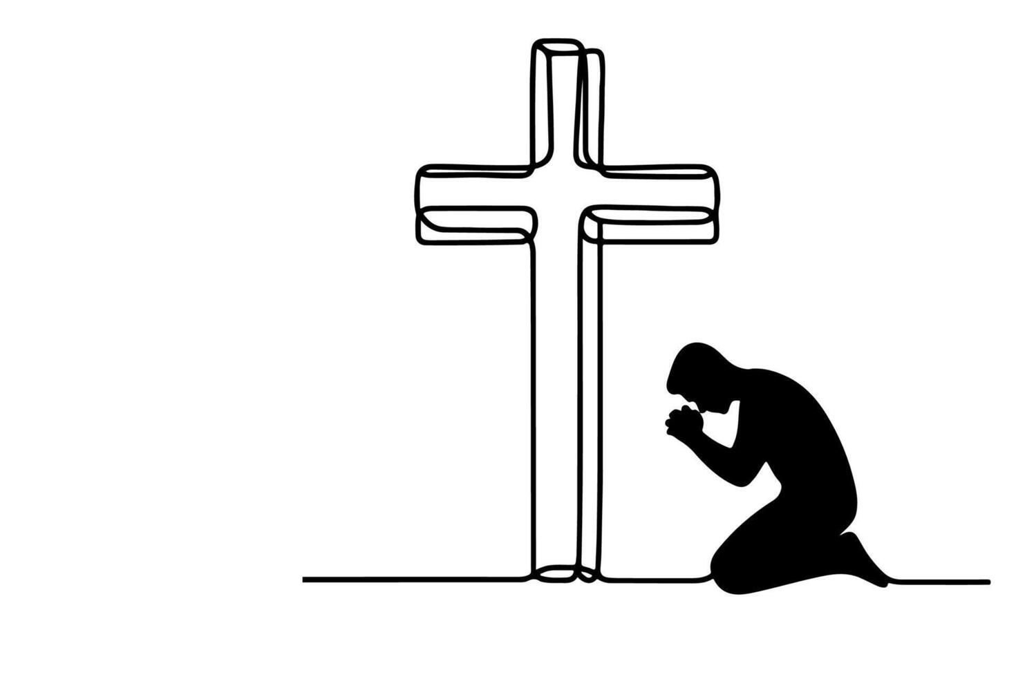 continuous one single black line drawing person kneeling and praying in front of the cross illustration on white background. vector