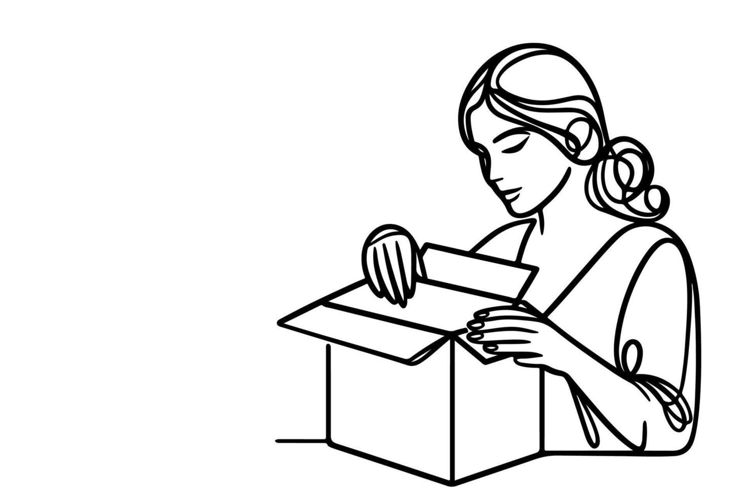 continuous one single black line drawing a woman holding box or present and opening a box with thumbs up vector