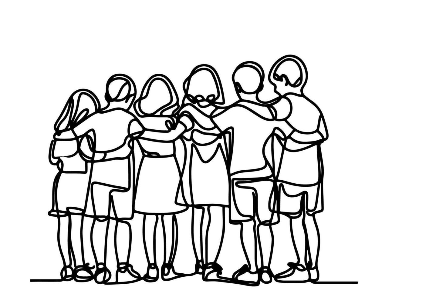 One continuous line drawing of a group of children holding each other's hands. Doodle linear drawing. Happy children's day concept on white. vector