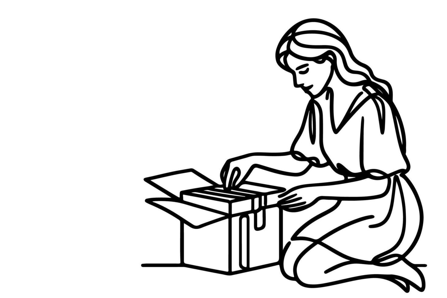 continuous one single black line drawing a woman holding box or present and opening a box with thumbs up vector