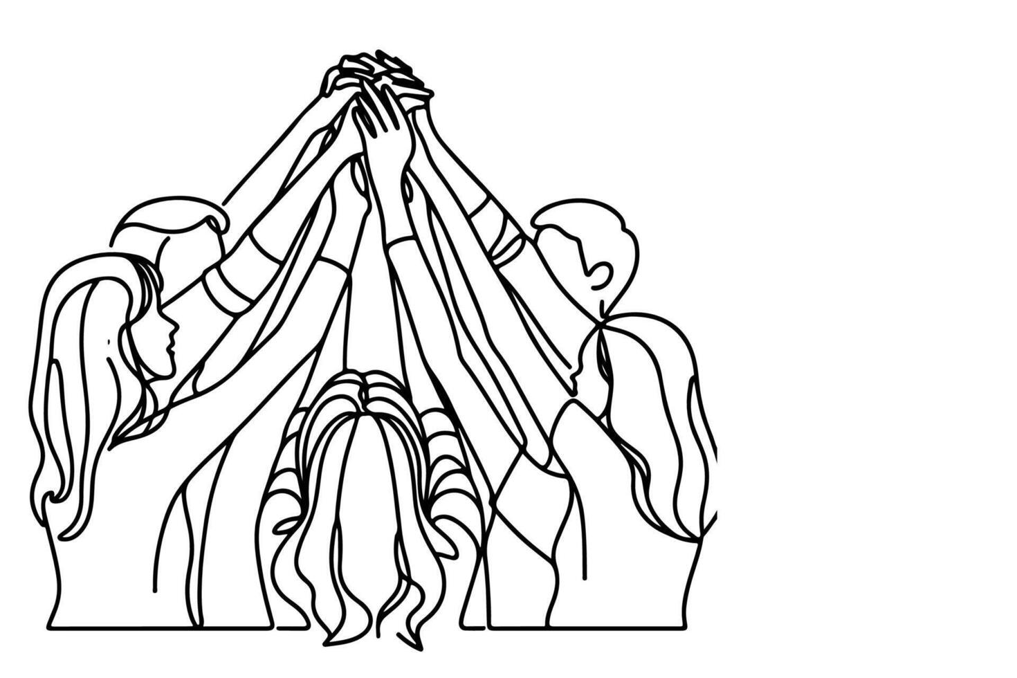 continuous one single black line drawing teamwork group of friends put their hands together illustration isolated on white background vector