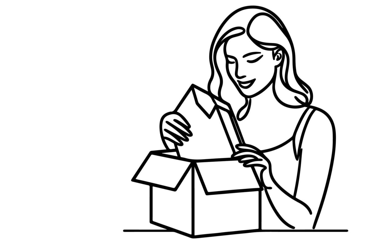 continuous one single black line drawing a woman holding box or present and opening a box with thumbs up vector