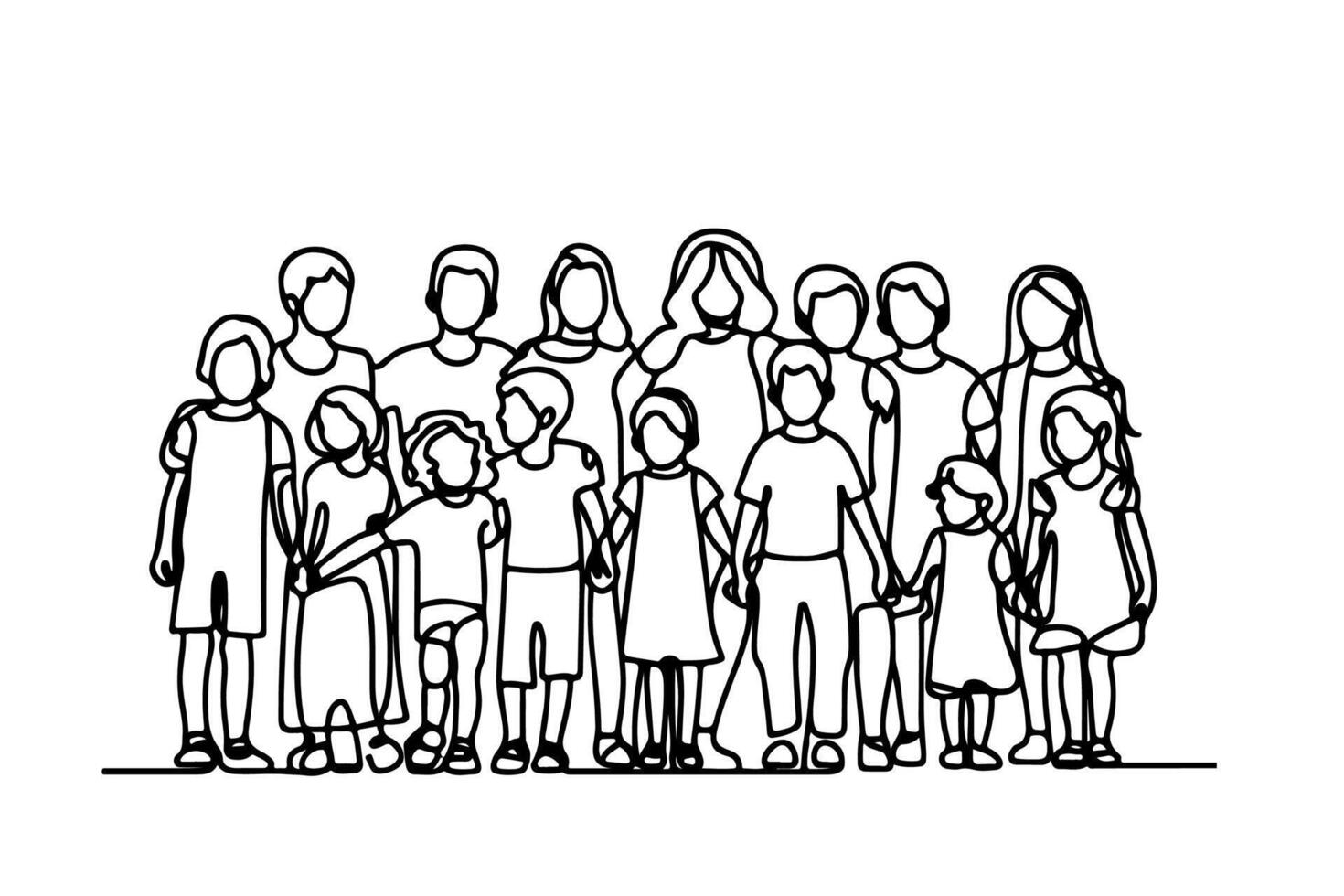 One continuous line drawing of a group of children holding each other's hands. Doodle linear drawing. Happy children's day concept on white. vector