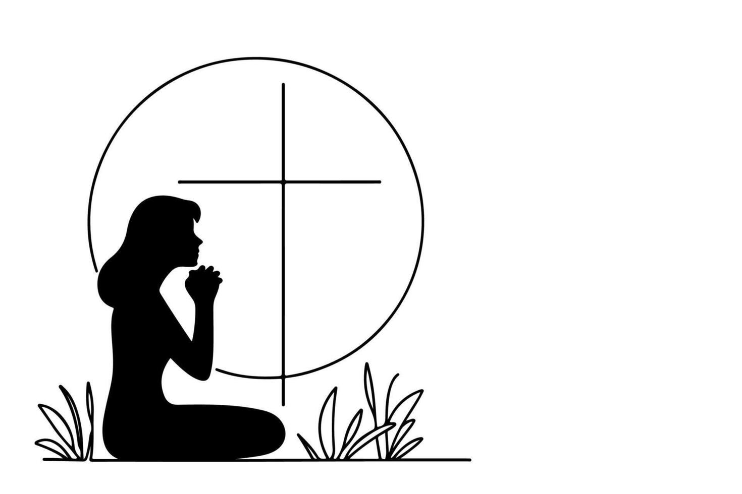 continuous one single black line drawing person kneeling and praying in front of the cross illustration on white background. vector