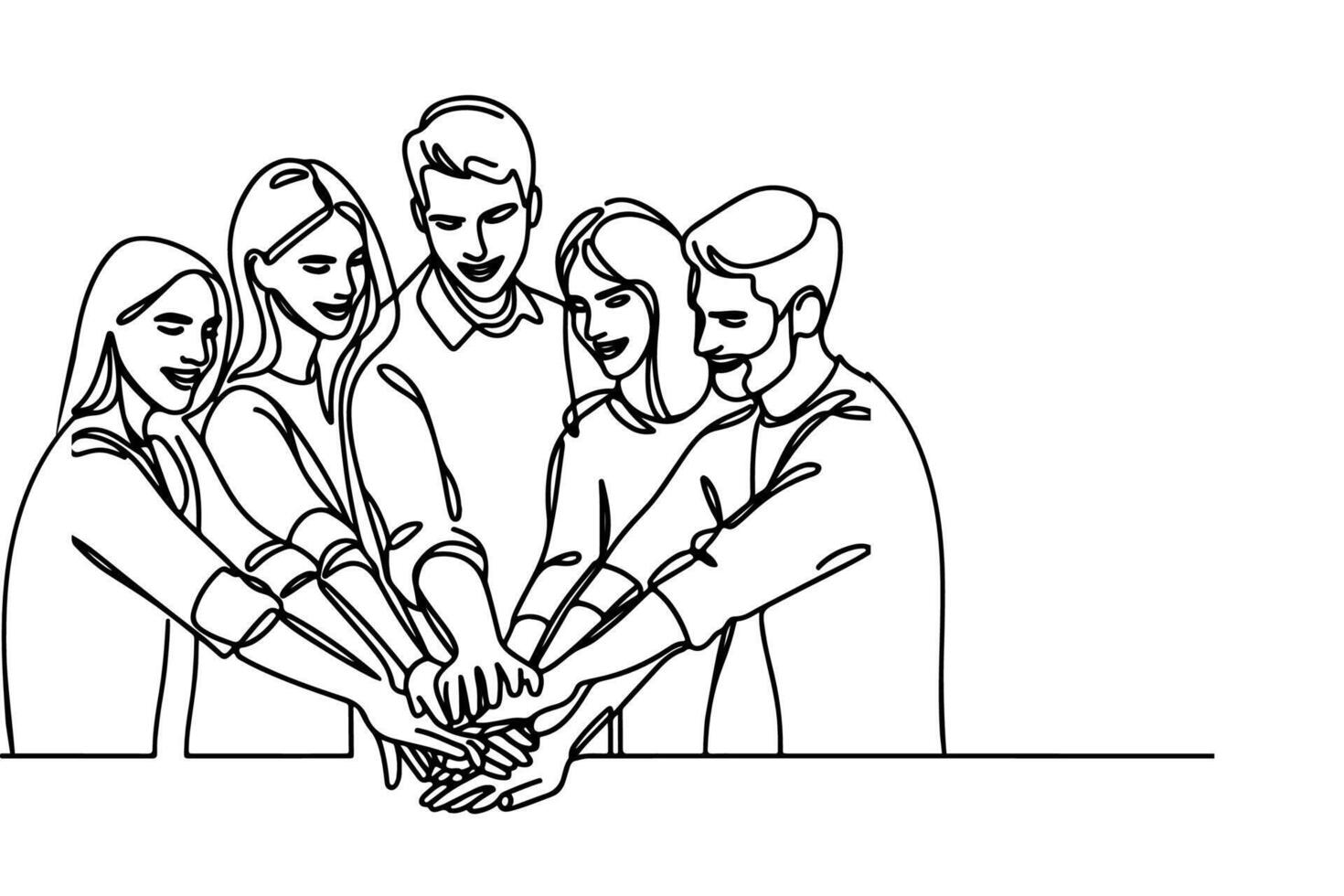 continuous one single black line drawing teamwork group of friends put their hands together illustration isolated on white background vector