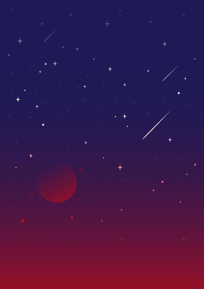 Glossy Saturn rising in bright evening sky. Aesthetic cosmic planet with shooting stars skyscape. vector