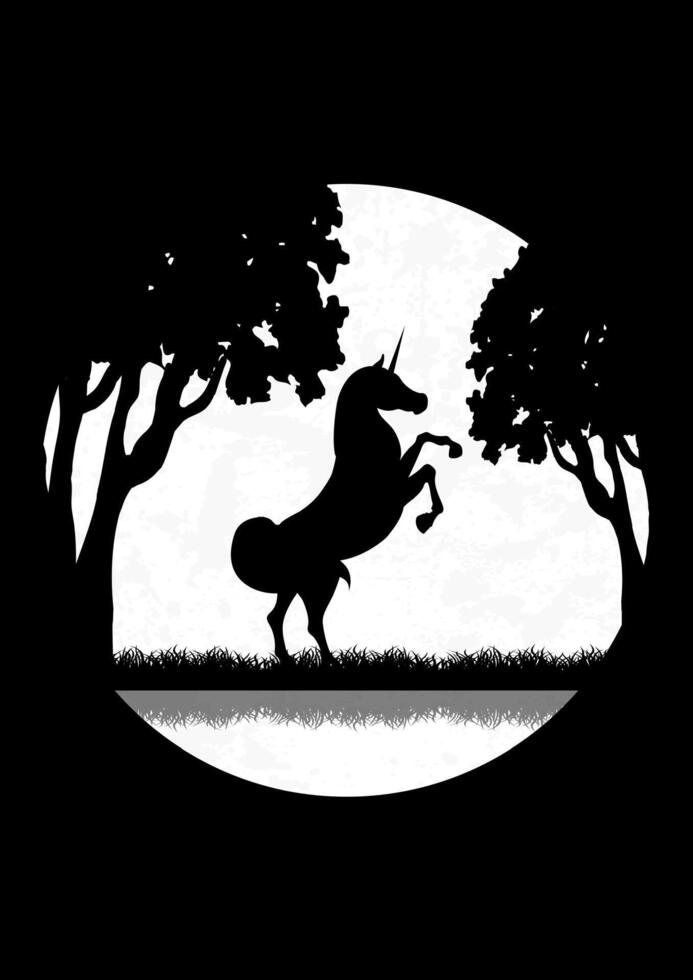 Unicorn silhouette standing in dusk meadow. Fairy tale meadow landscape vector