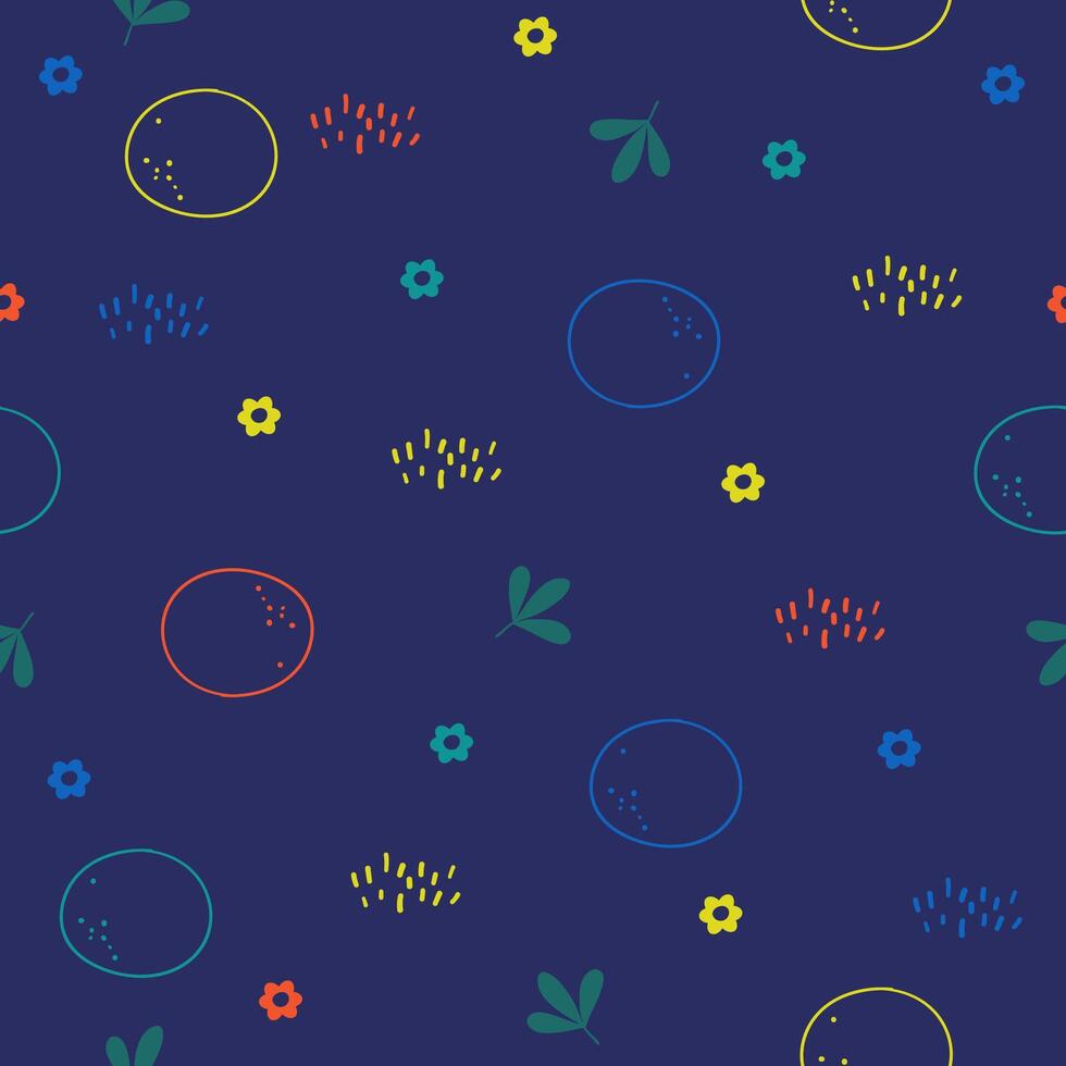 Bright springtime seamless pattern. Leaves and flowers on blue background. Floral summer vector