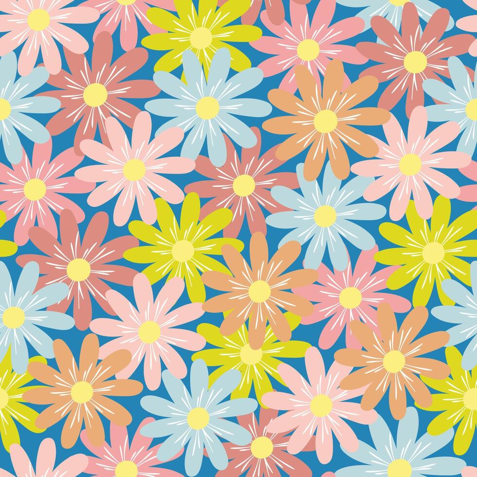 Chamomile daisy flower colorful pattern. Seamless doodle elements. Blooming background vector