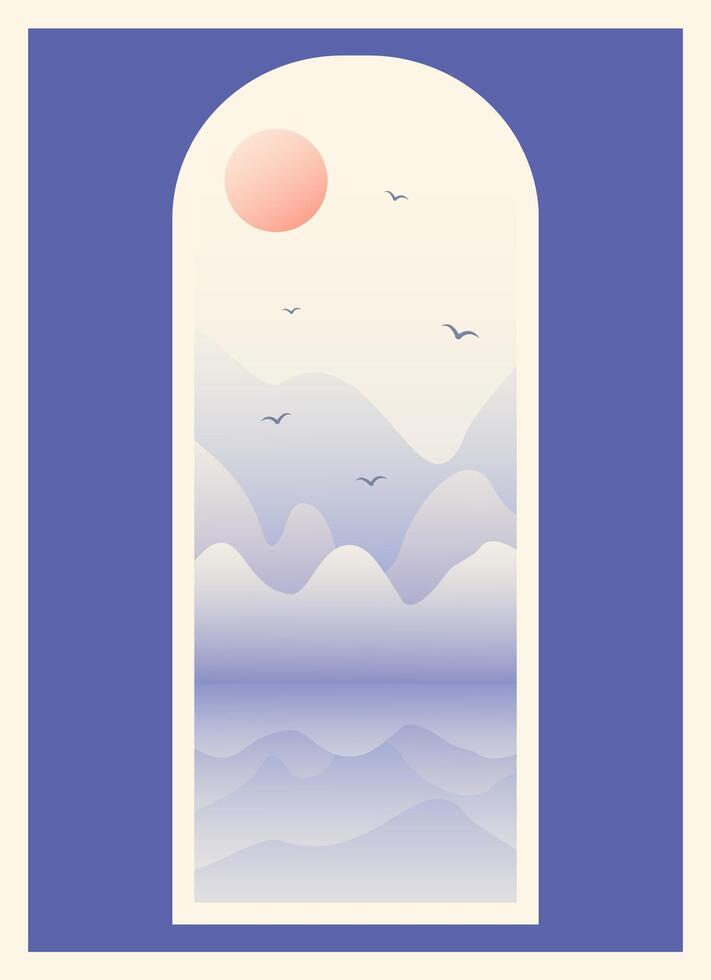 Aesthetic blue mountains morning landscape view. Red sunrise illustration. Springtime vector