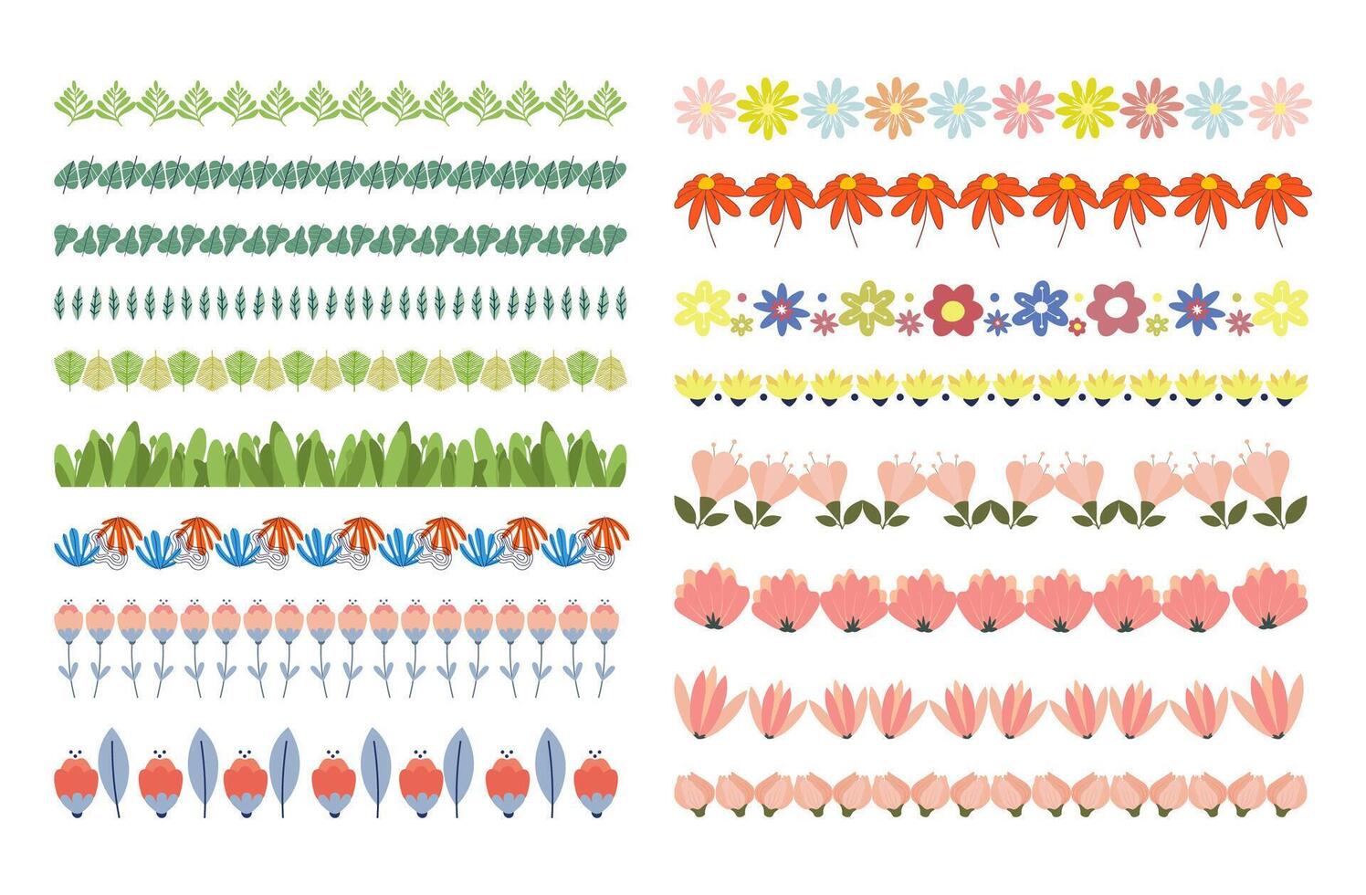 Colorful borders and dividers collection. Springtime Childish decorative dividers. Folk flowers and leaves vector