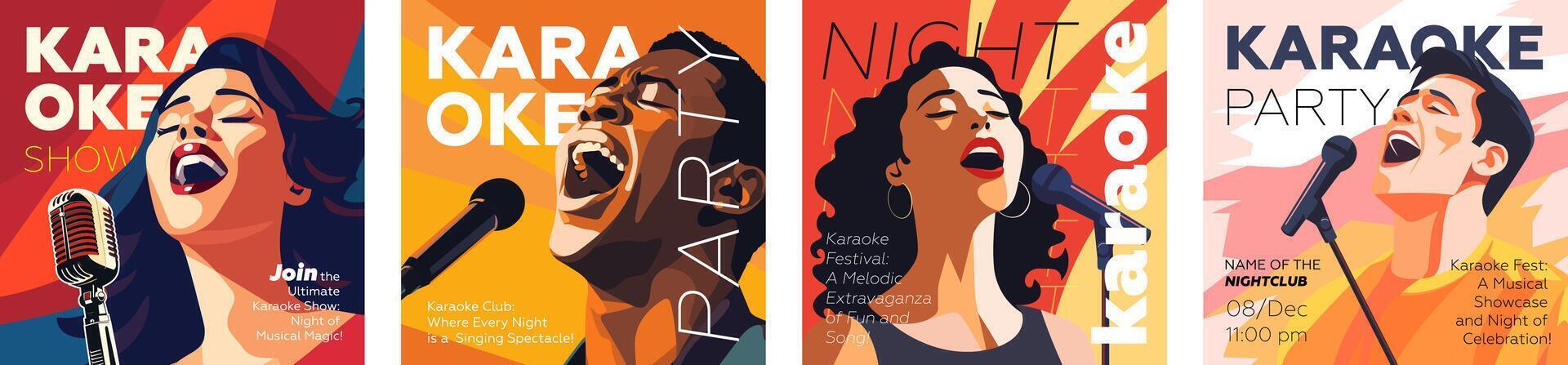 Karaoke party show square banner set. Music night club festival drawing art prints. People sing song into mic. Musical event flyer template with singing person. Trendy typography cover design vector
