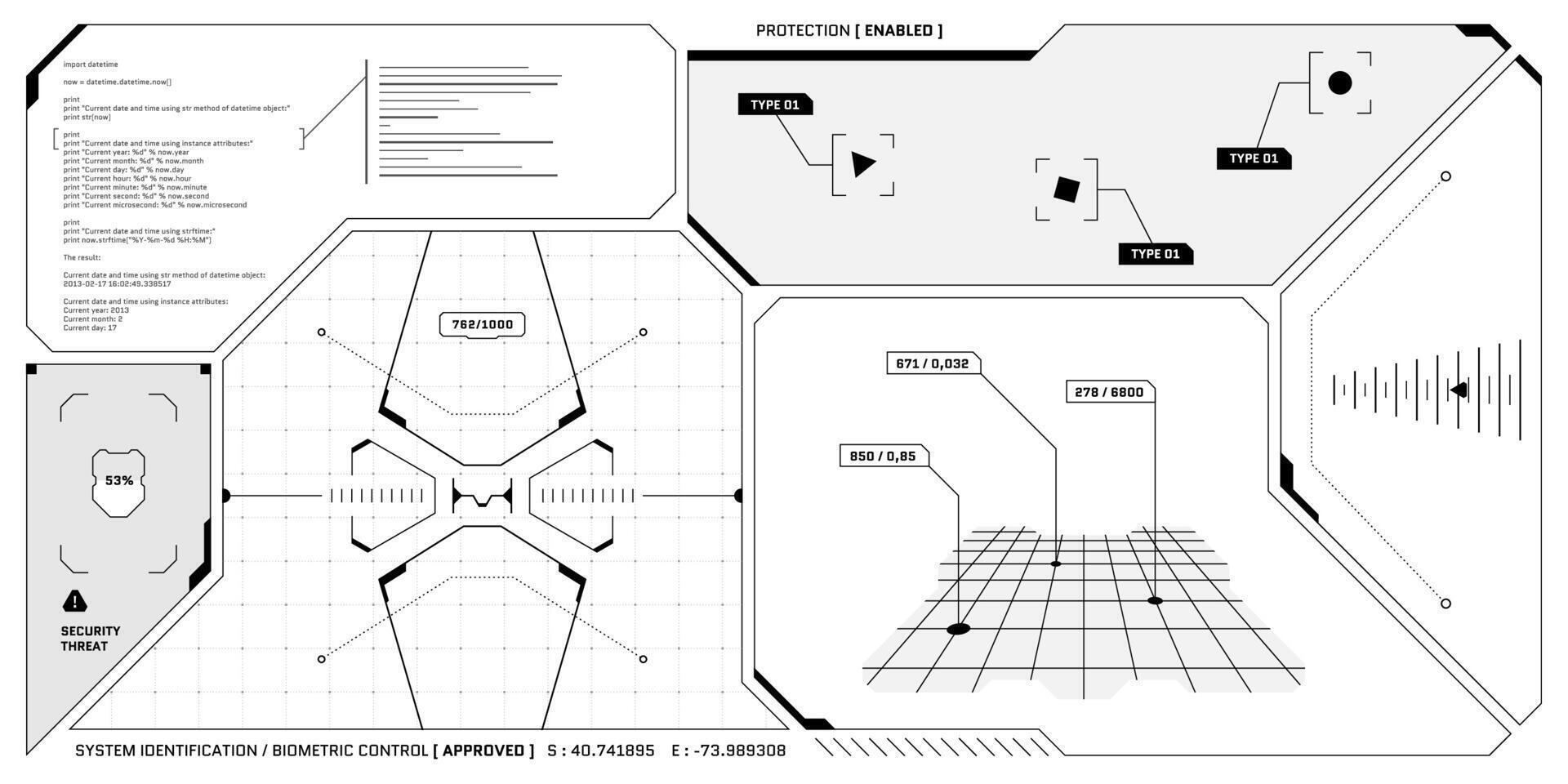 VR HUD futuristic control panel. Technology head up display target and UI command center screen. GUI digital virtual reality interface hi tech visor template. FUI Sci Fi spaceship cockpit dashboard vector
