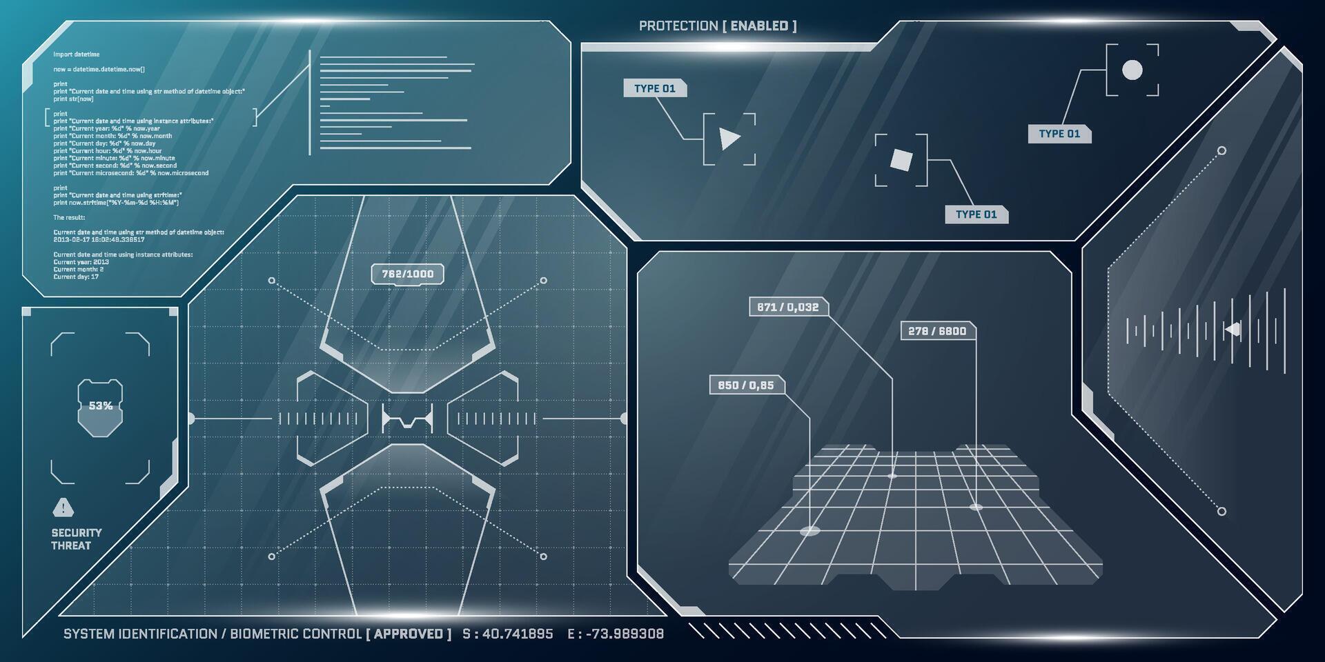 vr hud futurista controlar panel. tecnología cabeza arriba monitor objetivo y mando centrar ui pantalla. gui digital virtual interfaz ciberespacio Hola tecnología visera modelo. fui ciencia fi astronave cabina tablero vector