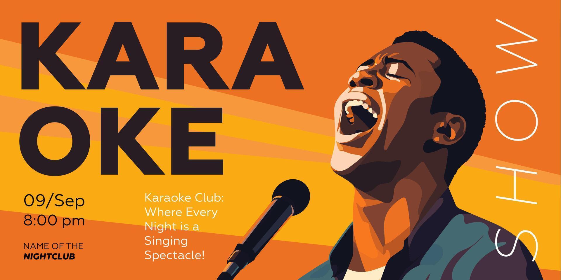 Karaoke party show banner. Music night club festival drawing art print. Man sing song into mic. Musical event artwork placard template with singing black male person. Trendy typography design vector