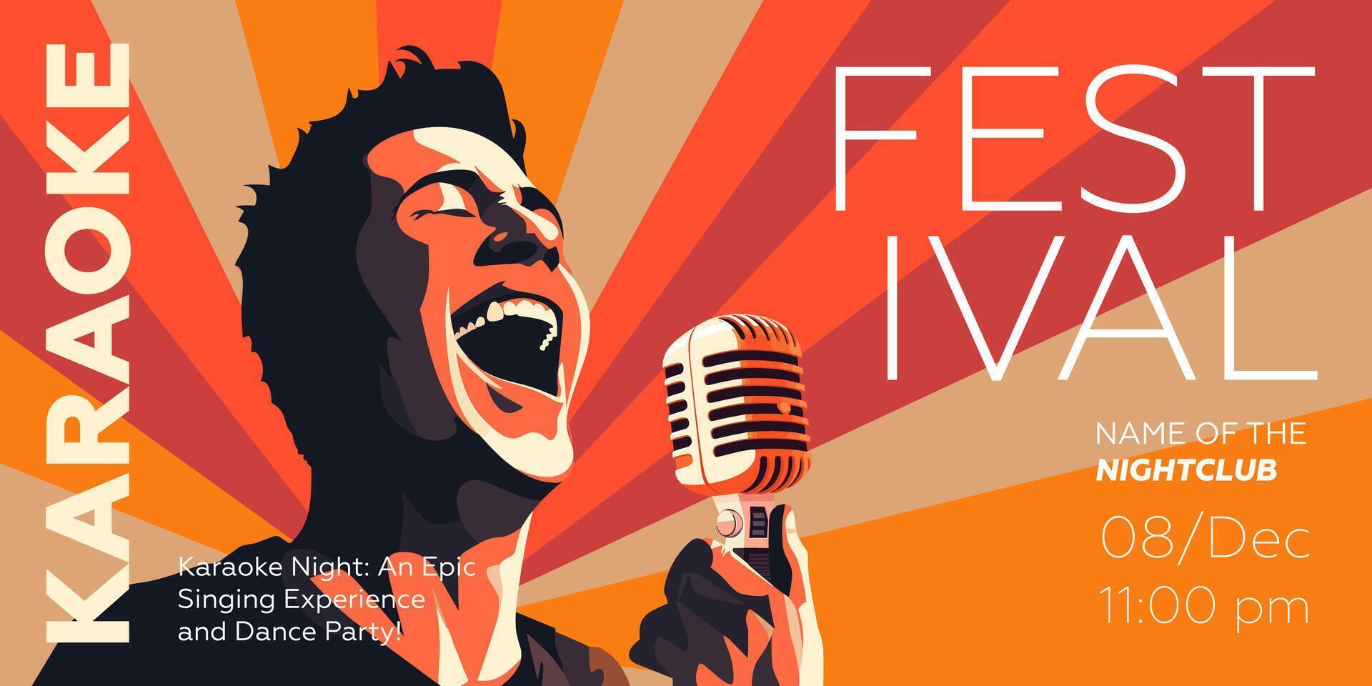 Karaoke party show banner. Music night club festival drawing art print. Man sing song into mic. Musical event artwork placard template with singing person. Trendy typography cover eps design vector