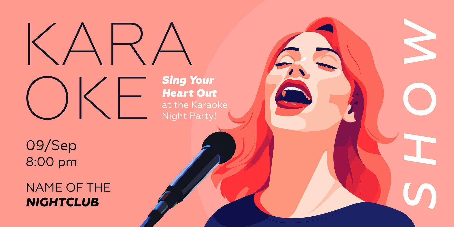 Karaoke party show banner. Music night club festival drawing art print. Woman sing song into mic. Musical event artwork placard template with singing person. Trendy typography cover eps design vector