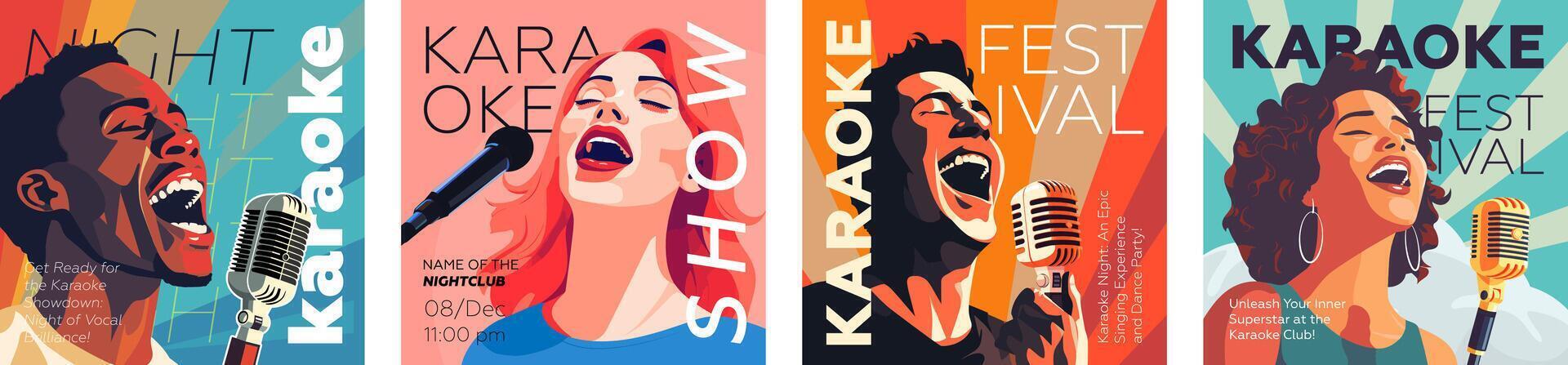Karaoke party show square banner set. Music night club festival drawing art prints. People sing song into mic. Musical event flyer template with singing person. Trendy typography banner design vector