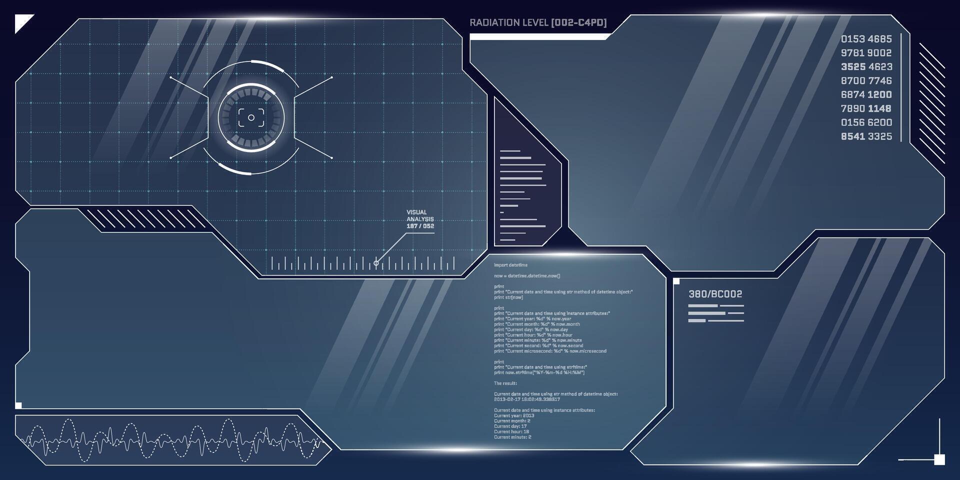 VR HUD futuristic control panel set. Technology head up display target and UI screen. GUI Digital virtual reality interface cyberpunk hi tech visor design. FUI Sci Fi spaceship cockpit dashboard. Eps vector
