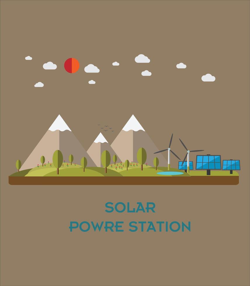 Solar power plant isolated illustration. clean electrical energy from renewable sources of sun and wind. Solar panels and wind turbines on mountain landscape background. vector