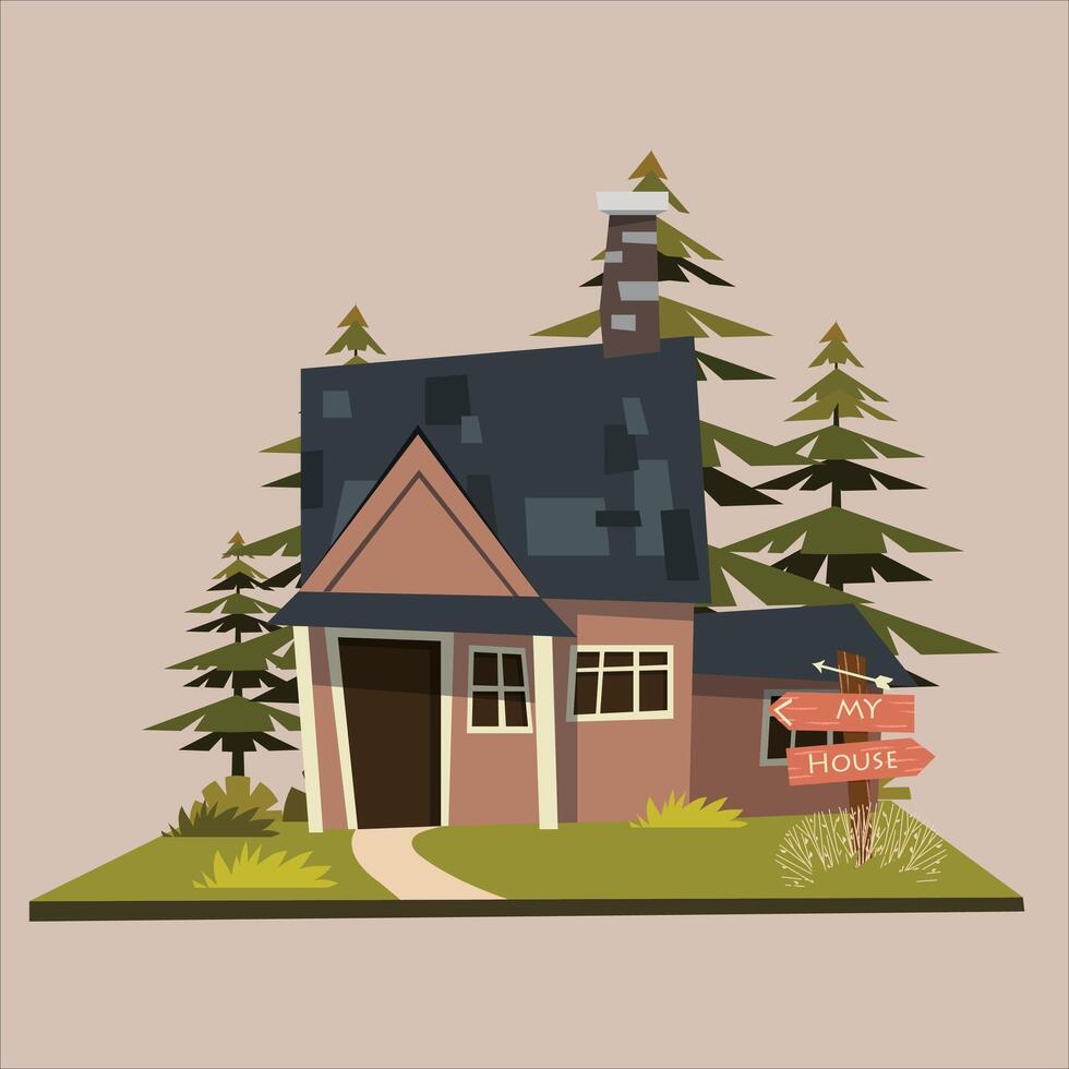 Private house, modern minimalist block house architecture cartoon style. Building a contemporary villa exterior. Private real estate. Colorful flat graphic illustration isolated on brown background vector