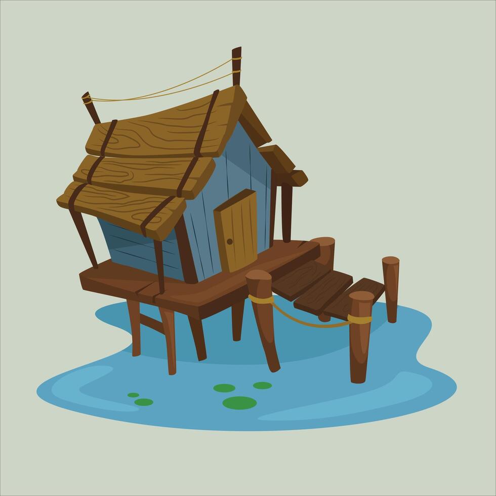 Wooden house on the beach, mountain village or campsite. Small wooden hut, hut with terrace and stairs isolated on green background vector