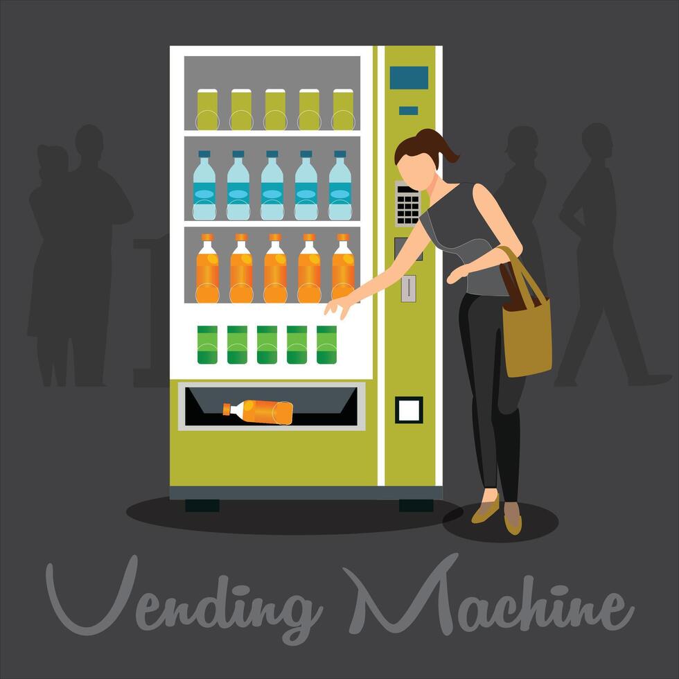 venta máquinas, personas quien comprar bebidas tomar con dinero en efectivo. vector