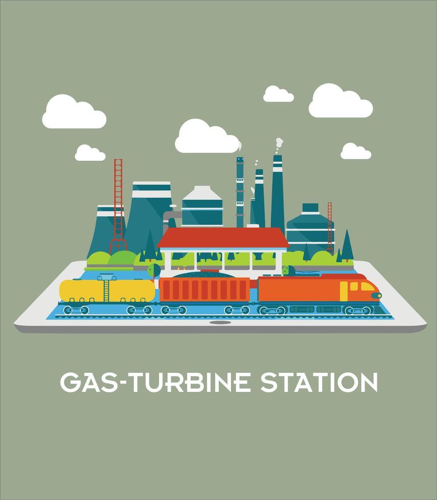 Gas power generating station. Burning natural gas to produce electricity produces emissions. Gas-fired thermal facilities. Cogeneration fossil factory. vector