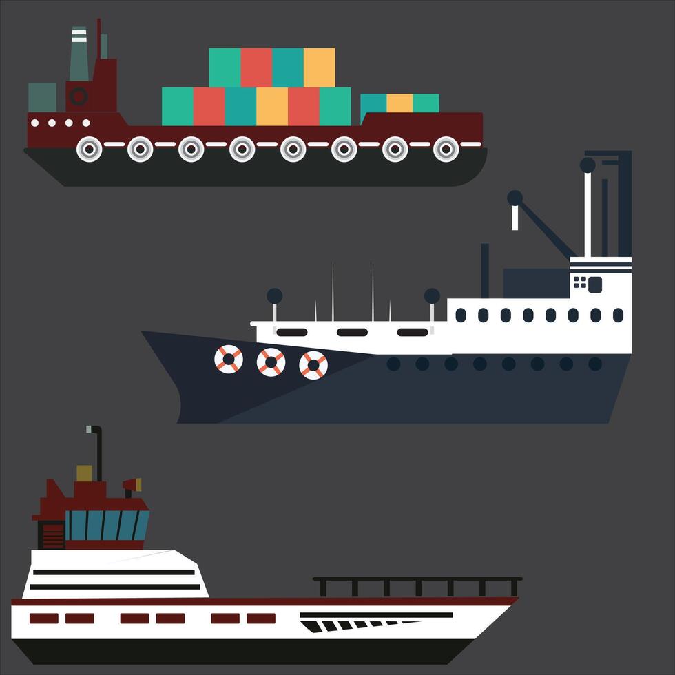 Set of maritime ships collection of shipping ships, ocean liners, cargo ships, crossing ships, vector