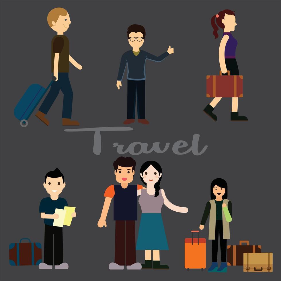 conjunto de hembra y masculino caracteres con maletas y bolsas. concepto para viaje o estilo de vida Blog, promocional contenido para equipaje. aeropuertos y estaciones vector