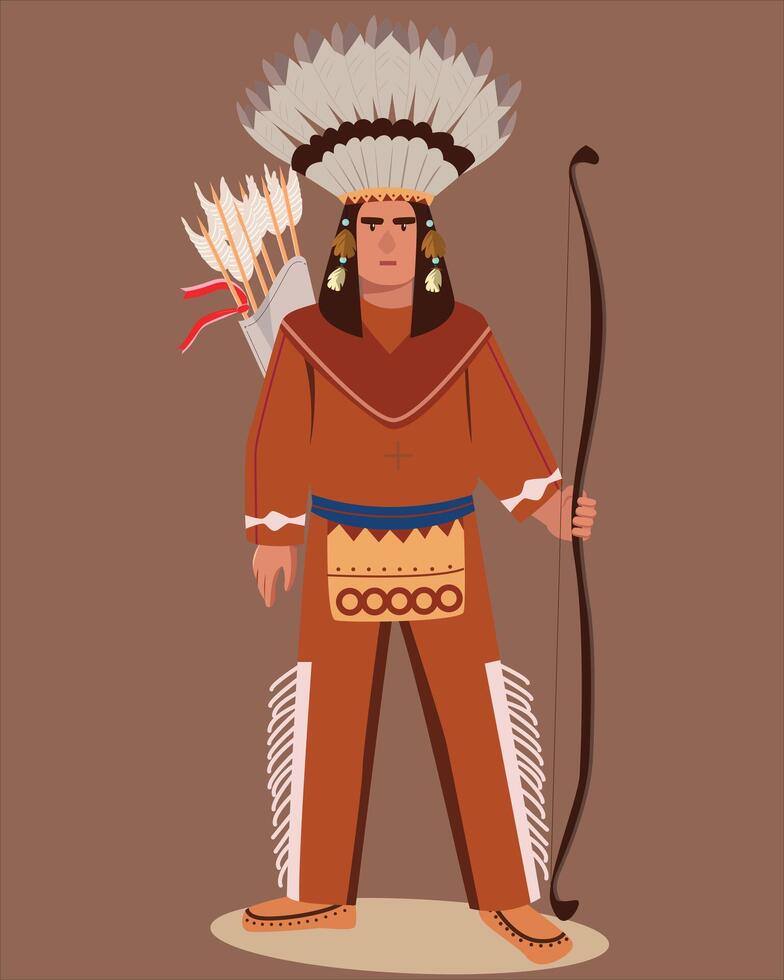 American Indian man in traditional costume and arrow. handsome Indian man. Native American tribe vector