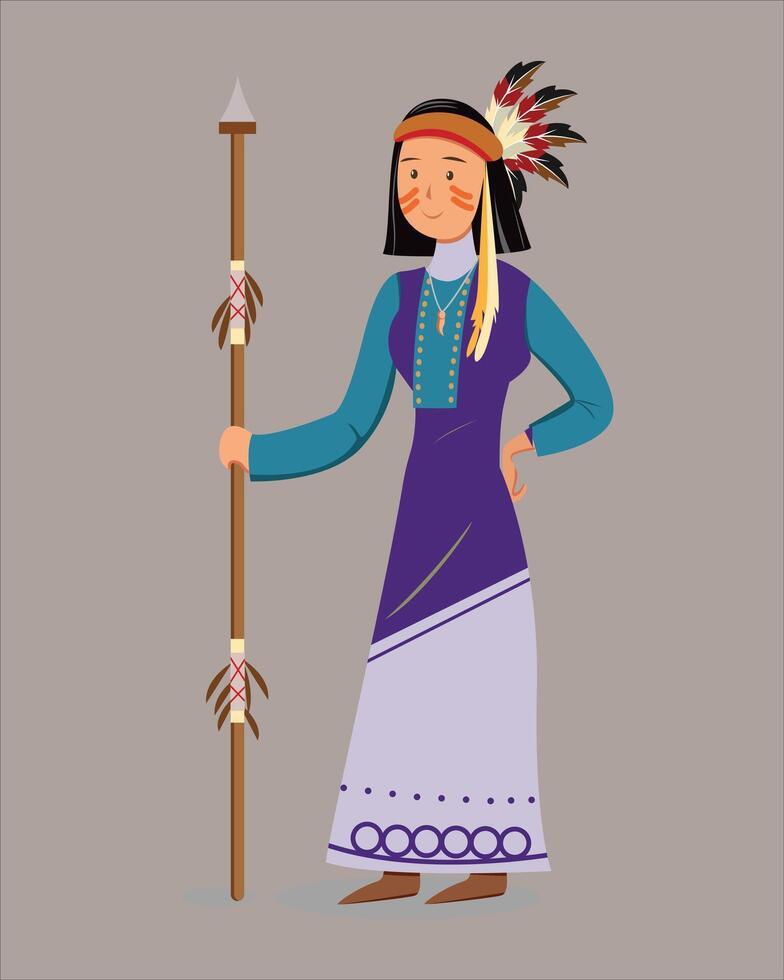 Woman from American Indian tribe with stick in hand. Native American tribe vector