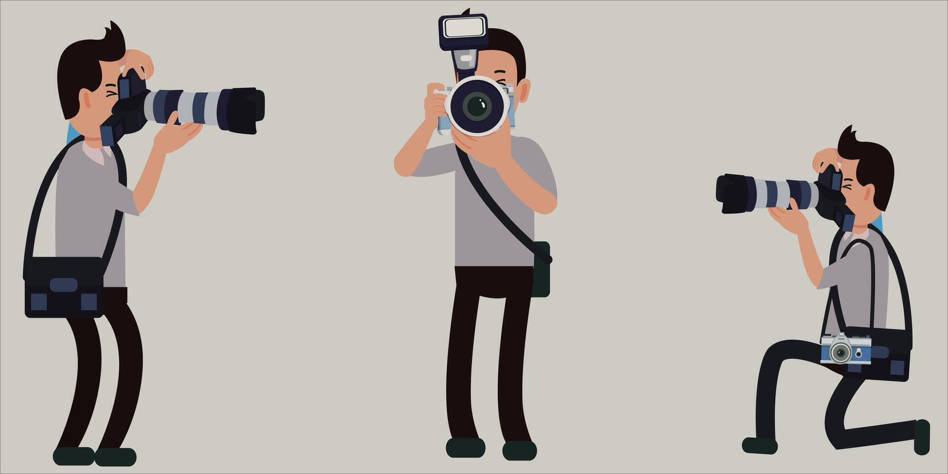 Photographer takes photos with modern digital camera from all angles. Journalist or reporter. illustration. vector