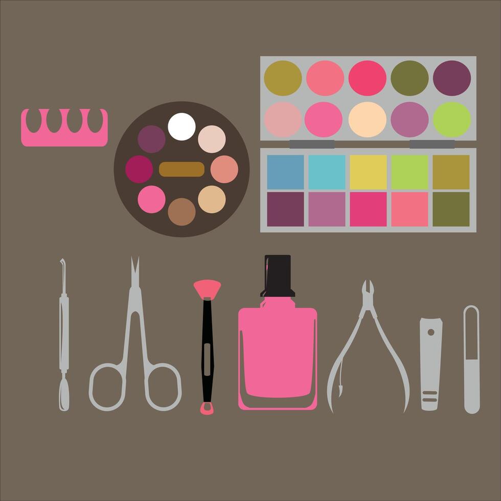 Set of cosmetic icons. Appearance and facial beauty. powder, cream, makeup tools, lipstick, brush, foundation, mascara, facial serum, isolated icons, objects on a brown background. vector