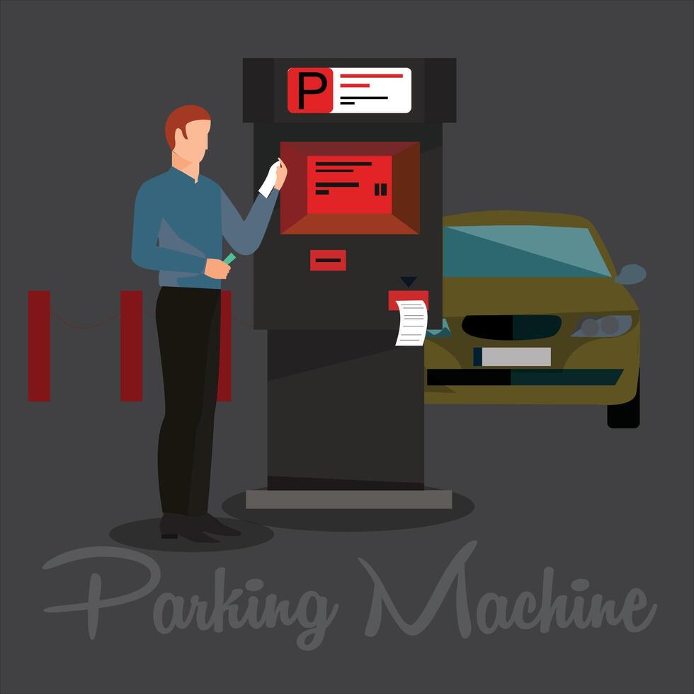 Male driver takes parking receipt. Modern parking machine. Parking zone with payment system. vector