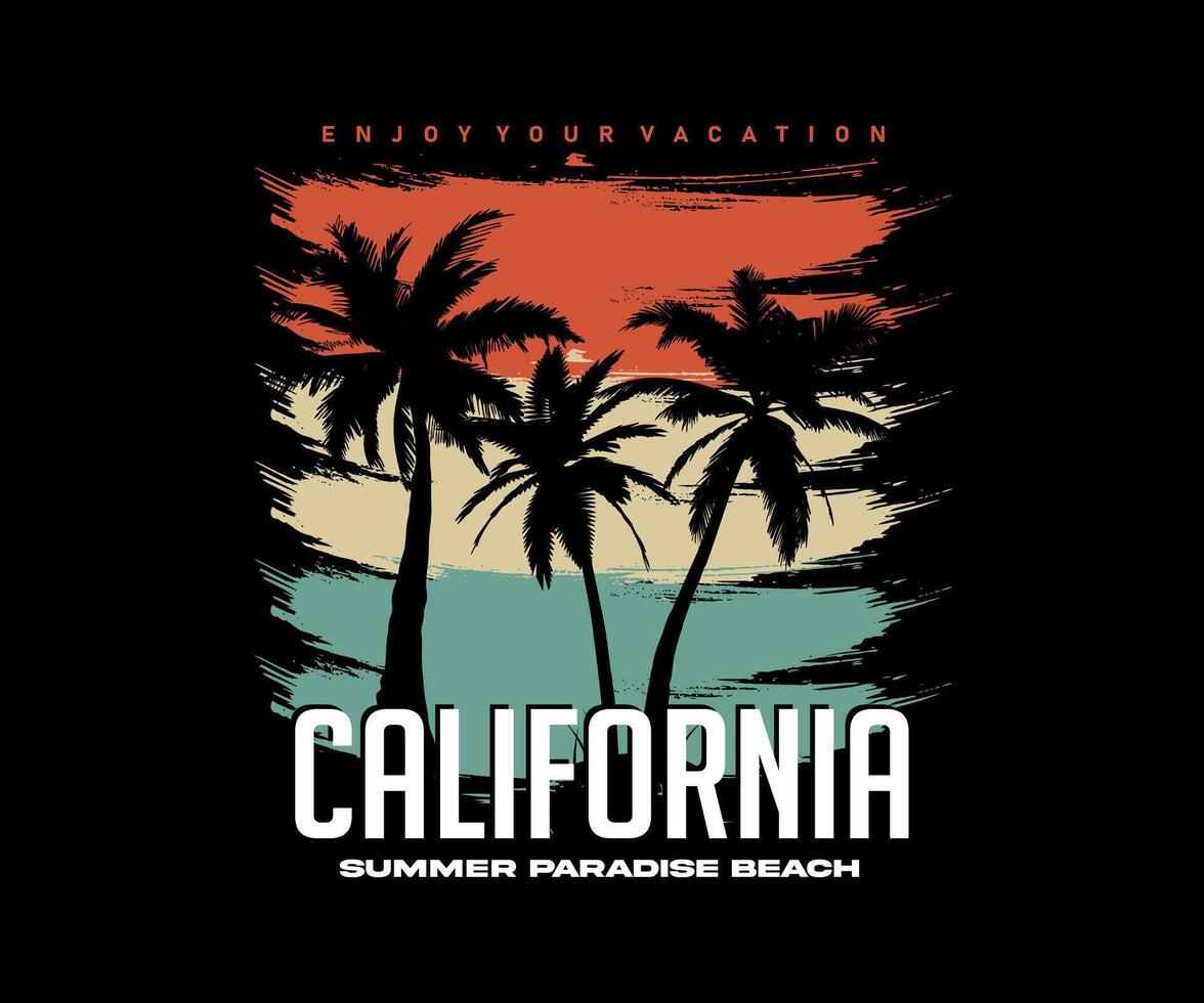 California Beach Paradise summer sunshine typography with gradient palm tree black background for t shirt graphic Print Design Poster, banner, streetwear and screen printing. vector
