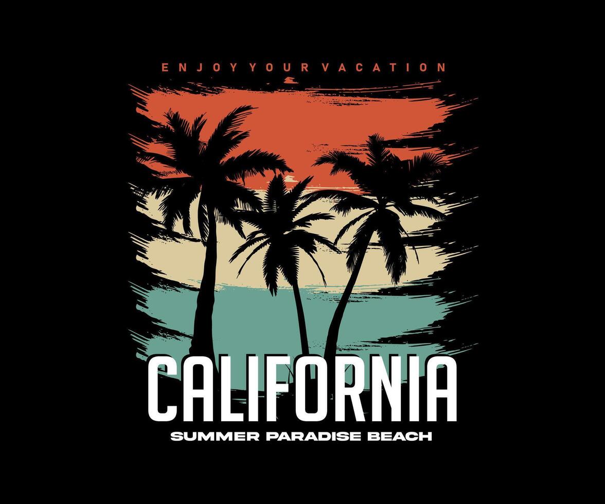 California playa paraíso verano Brillo Solar tipografía con degradado palma árbol negro antecedentes para t camisa gráfico impresión diseño póster, bandera, ropa de calle y pantalla impresión. vector