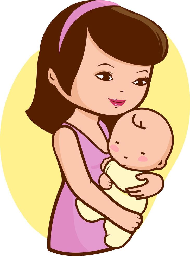 A happy new mother holding her sleeping newborn baby. Mommy holding her newborn infant in a hug. vector