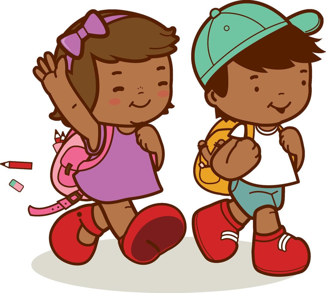 Students going to class. African American children walk to school. vector