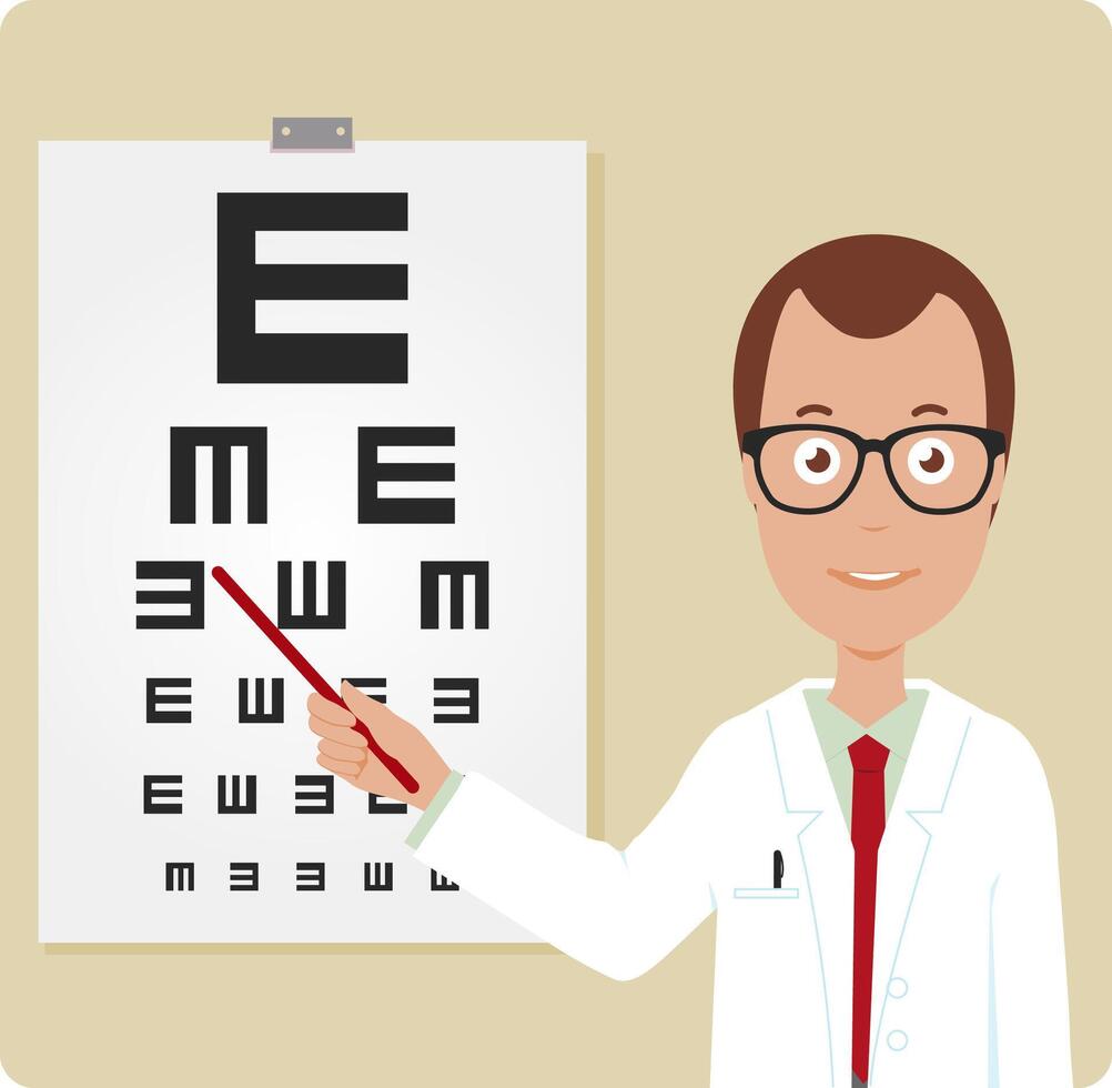 Eye doctor examining a patient. An ophthalmologist optician examining a patient using the eye chart. illustration vector