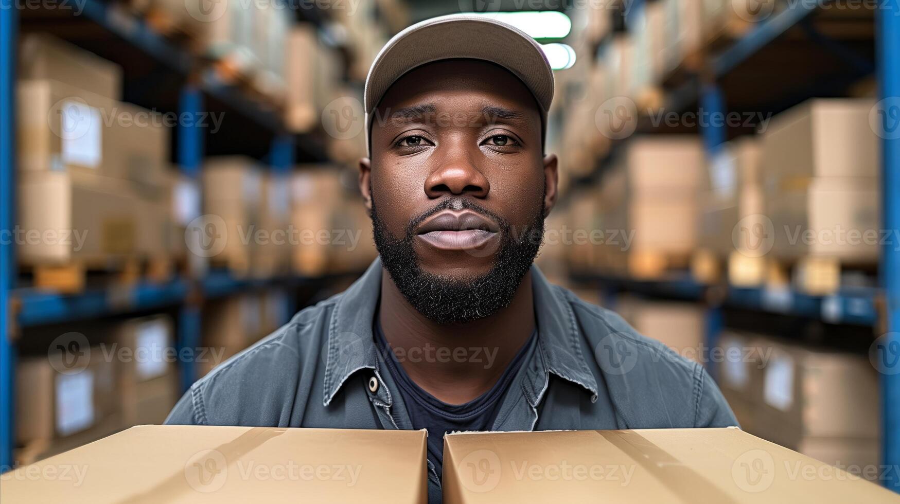 Warehouse Worker Holding Cardboard Box During Shift photo