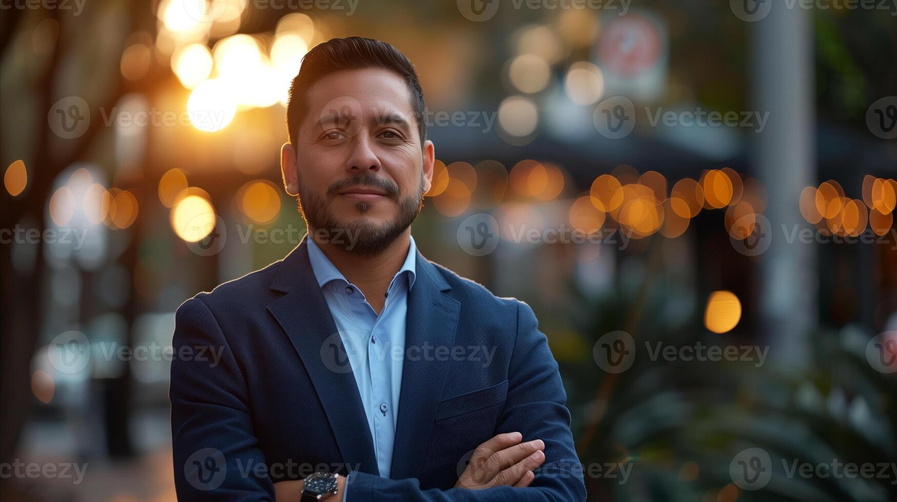 Confident Businessman in Blue Blazer Standing Outdoor at Dusk photo
