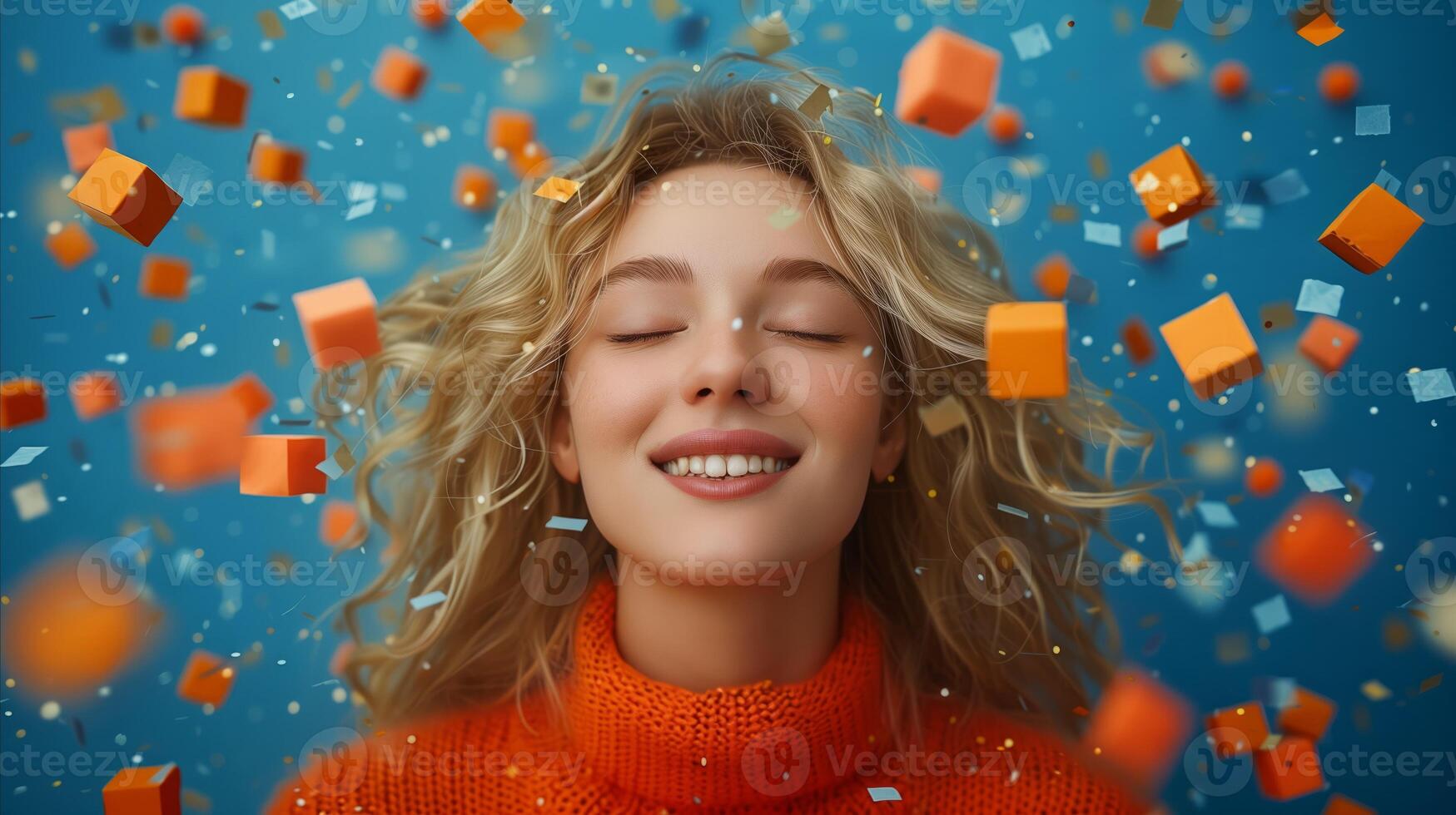 Radiant Woman Celebrating With Confetti on Blue Backdrop photo