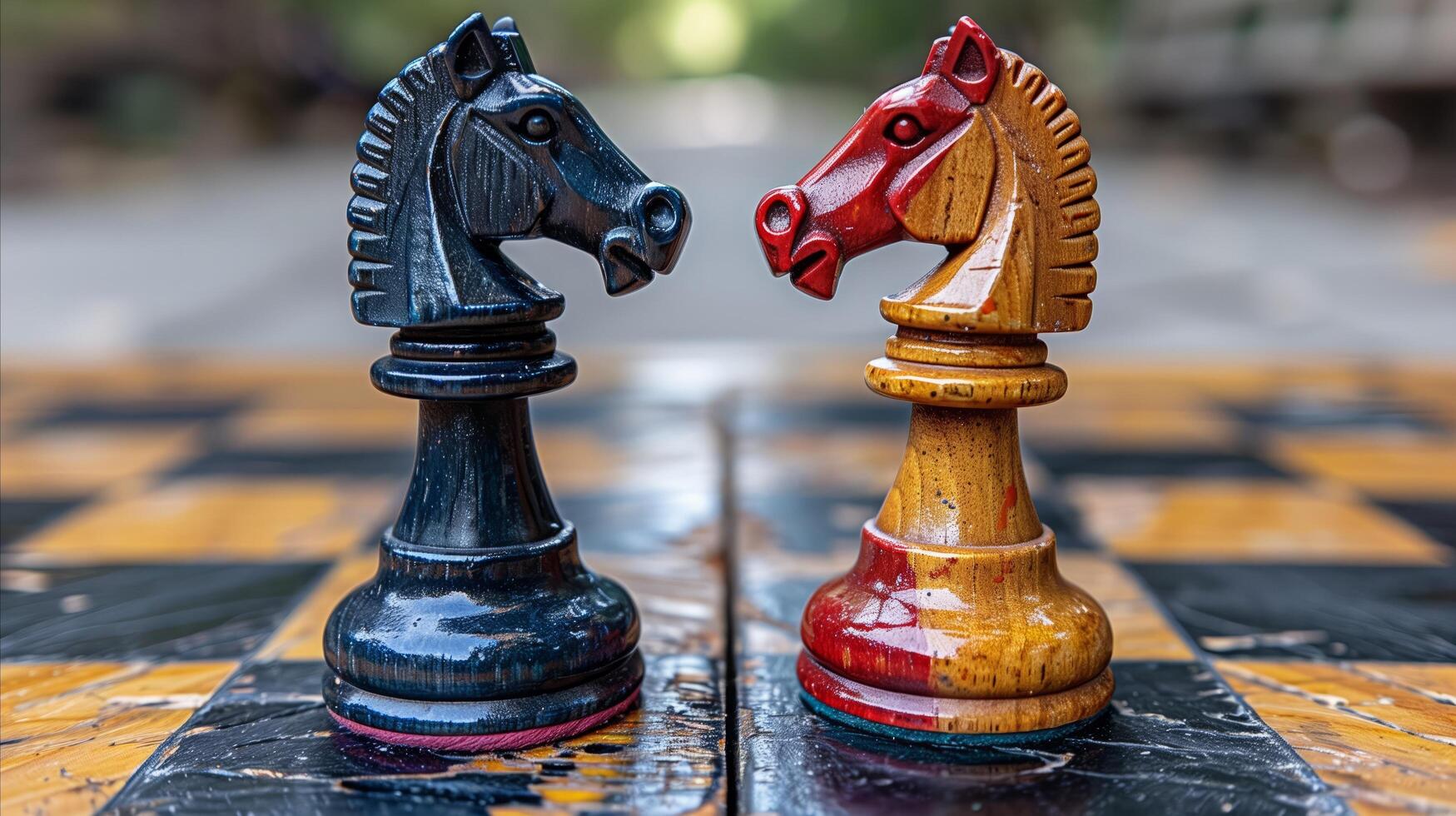 Black and Red Knight Chess Pieces Facing Each Other on a Board photo