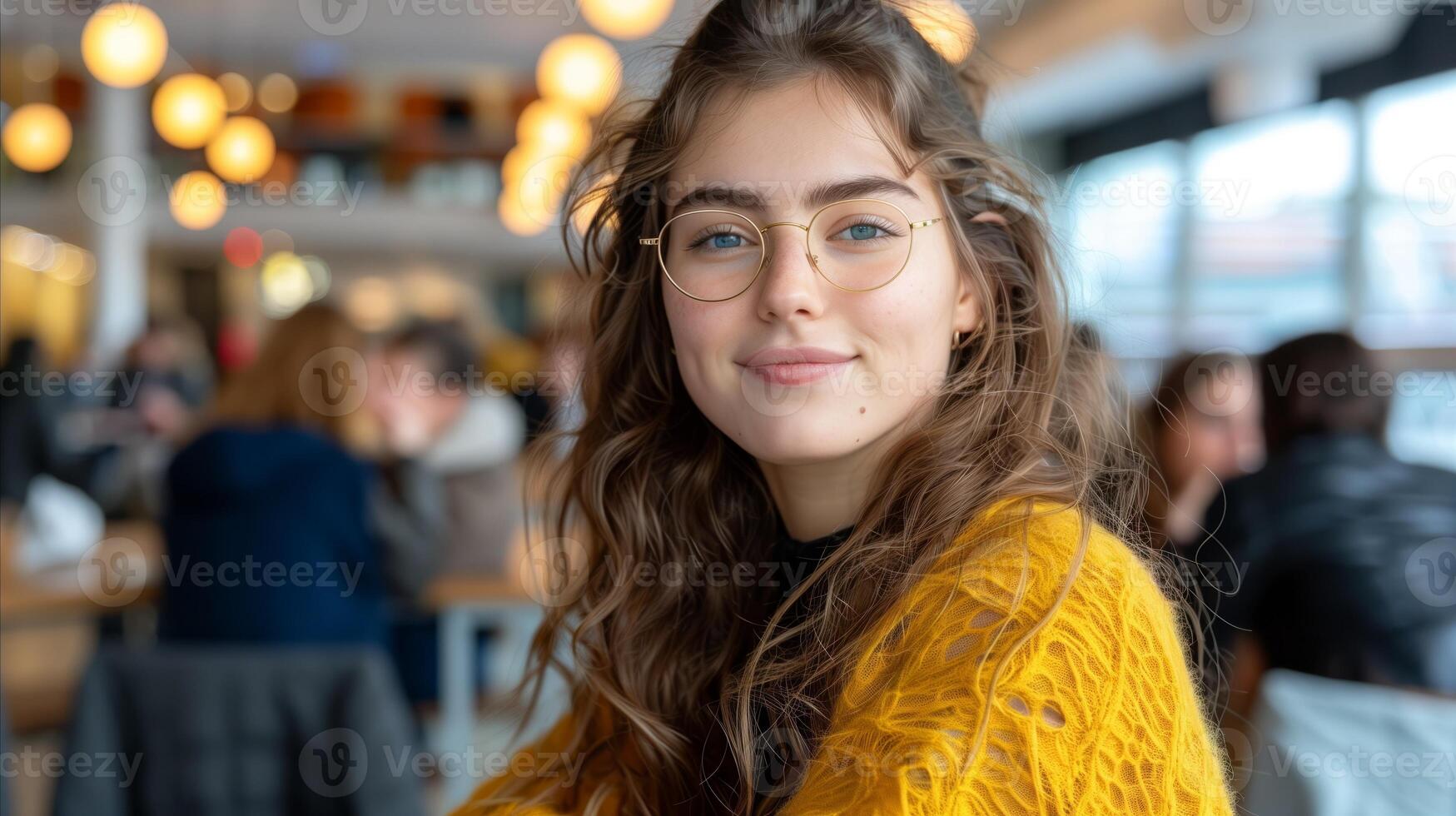 joven mujer sonriente en un ocupado café durante tiempo de día foto