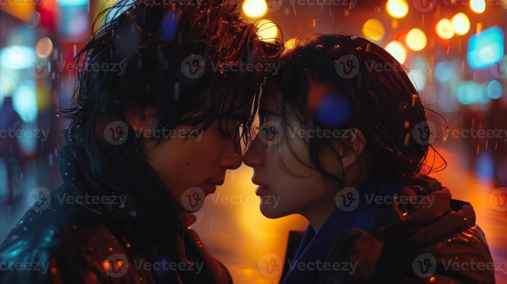 Intimate Moment Between Couple on a Rainy Evening in the City photo