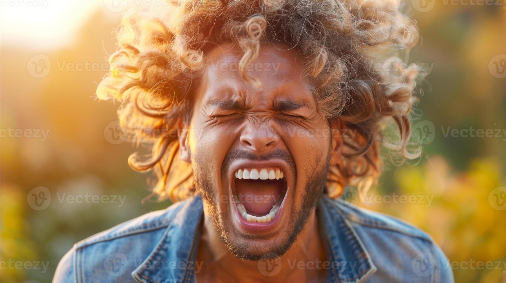 Exuberant Man Yelling With Sunlit Background photo
